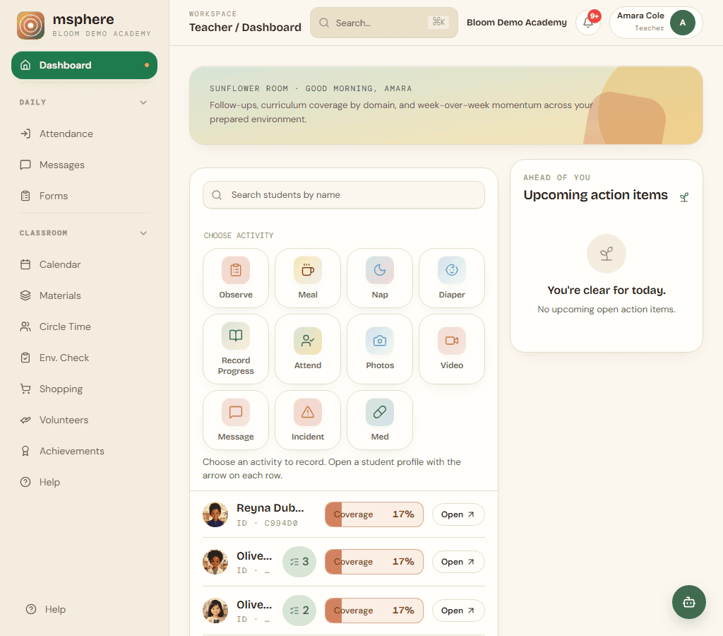 The msphere teacher dashboard showing the classroom roster and daily activities.